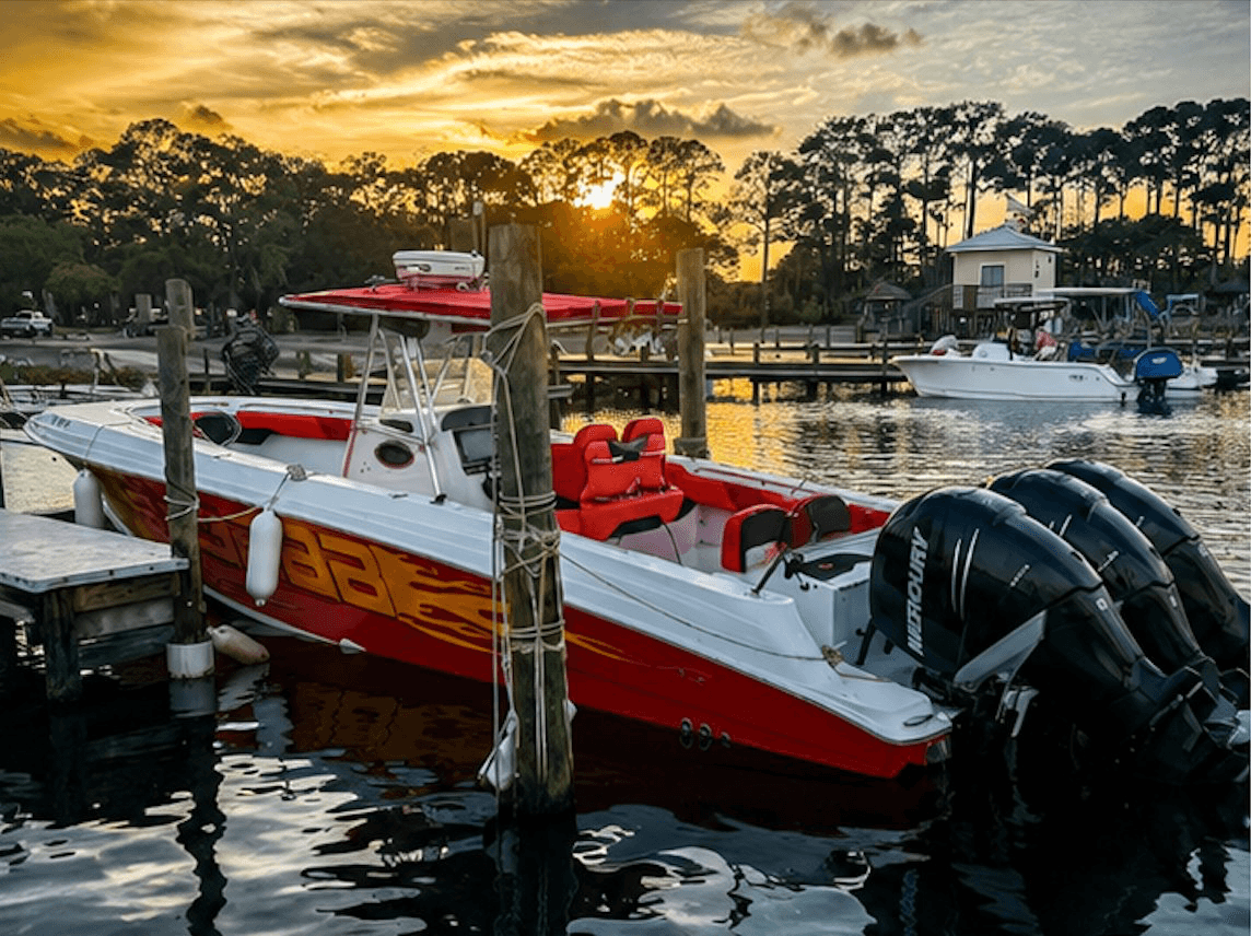 Full Throttle Destin Scarab boat at sunset in Destin, Florida